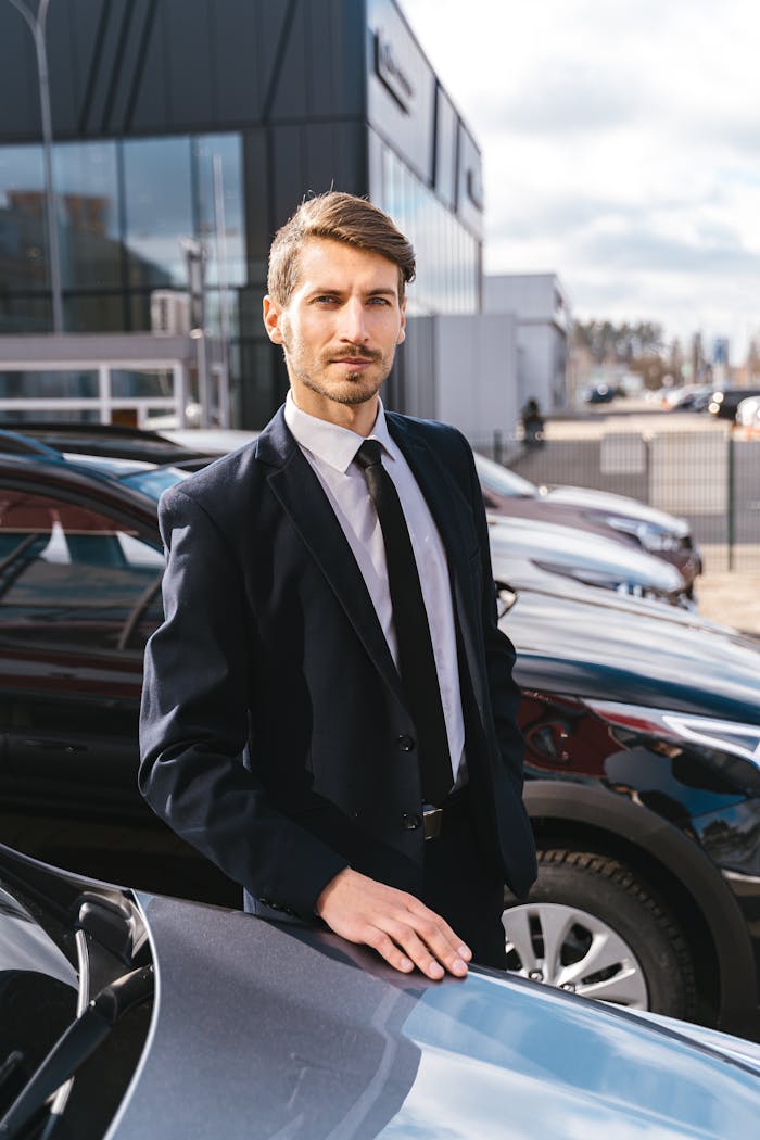 Professional man in a suit standing next to cars outside a modern building.